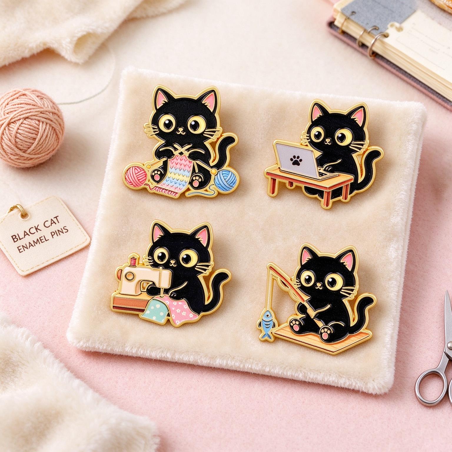 Kawaii Tech Accessories - 4-delige set grappige zwarte katten broches